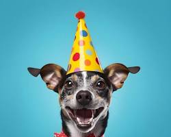 dog wearing a birthday hatの画像