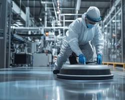 Image of clean, modern factory floor with workers in safety gear