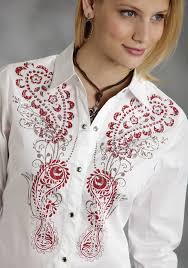 Roper® Womens White Red Paisley Print Rhinestone LS Western Show Shirt. WR0565-1101 - 0305005651101a
