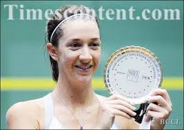 Australian squash player Donna Urquhart poses with trophy after winning the WISPA Indian Challenger Women&#39;s Squash - Donna-Urquhart