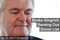 (Newser) - Newt Gingrich has reached new levels of desperation: To raise cash, he&#39;s started renting out his campaign&#39;s donor list for up to $26,000. - broke-gingrich-renting-out-donor-list