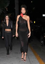 Kendall Jenner flashes her chest in a sheer black dress as she poses 
seductively on her bed