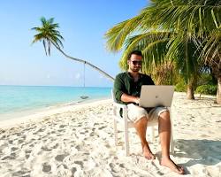 Image de Person working on a laptop on a beach chair under a palm tree