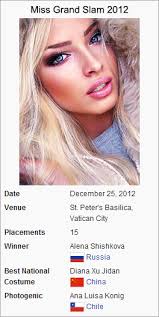 Miss Grand Slam 2012, the 4th Miss Grand Slam pageant, was held at St. Peter&#39;s Basilica in Vatican City on 25 December, 2012. Alena Shishkova was crowned ... - Mgswiki2012winbox