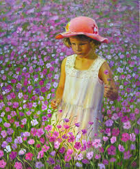 Image result for Picture of Fields of Flowers with a little girl picking the flowers