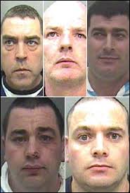 (Clockwise from top left) Stanley Quinn, Barry Tierney, Arthur Sknderaj, Brian. All five men were jailed in Preston on Tuesday - _42343641_blackmail_gang_body