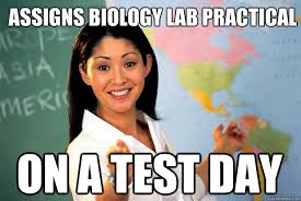 assigns biology lab practical on a test day - Unhelpful High ... via Relatably.com