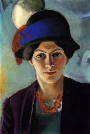 Artist: August Macke. Completion Date: 1909. Style: Expressionism. Genre: portrait. Gallery: Westphalian State Museum of Art and Cultural History - portrait-of-the-artist-s-wife-with-a-hat